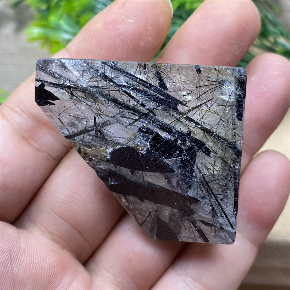 Black Tourmaline Natural Stone Crystal Healing Polyhedron Hair Quartz Palm Playing  Wicca Reiki Ornaments Home Decoration Room