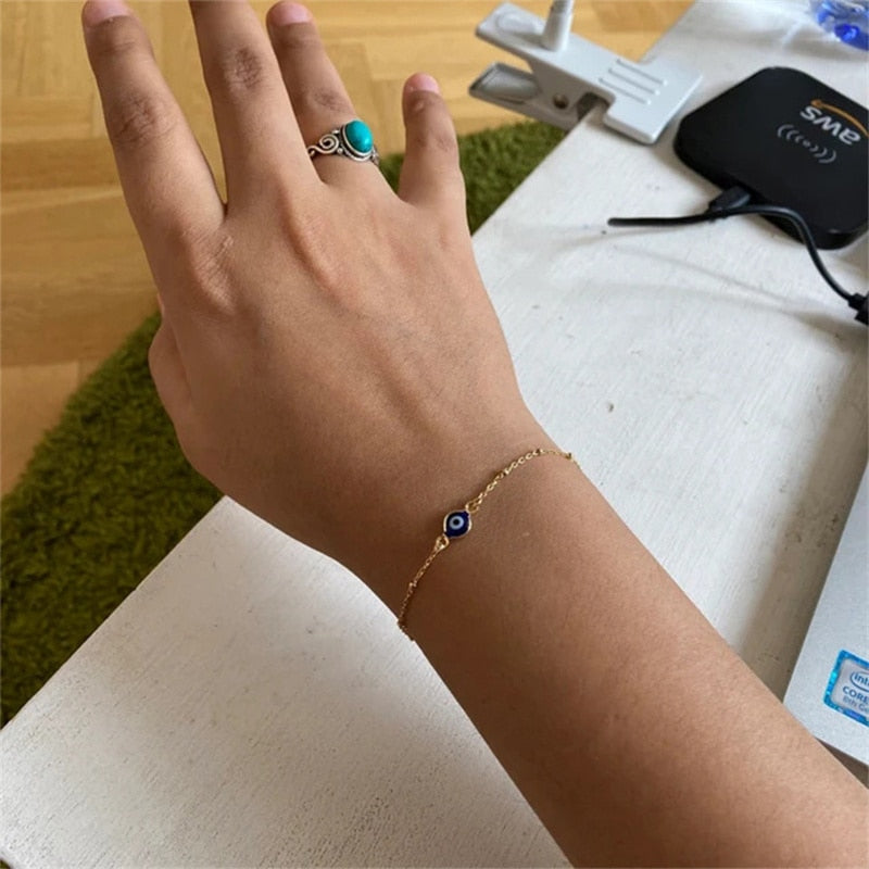 Simple Design Turkish Evil Eye Charm Bracelet for Women Boho Lucky Gold Color Copper Chain Adjustable Bracelet Summer Jewelry