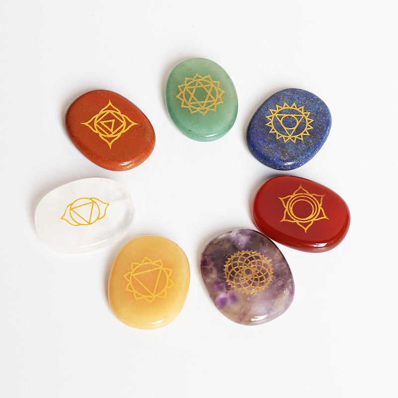 7 Chakra Symbol Crystal Stones Set Natural Reiki Healing Crystal Bulk Palm Polished Pocket Gemstones for Meditation Balancing