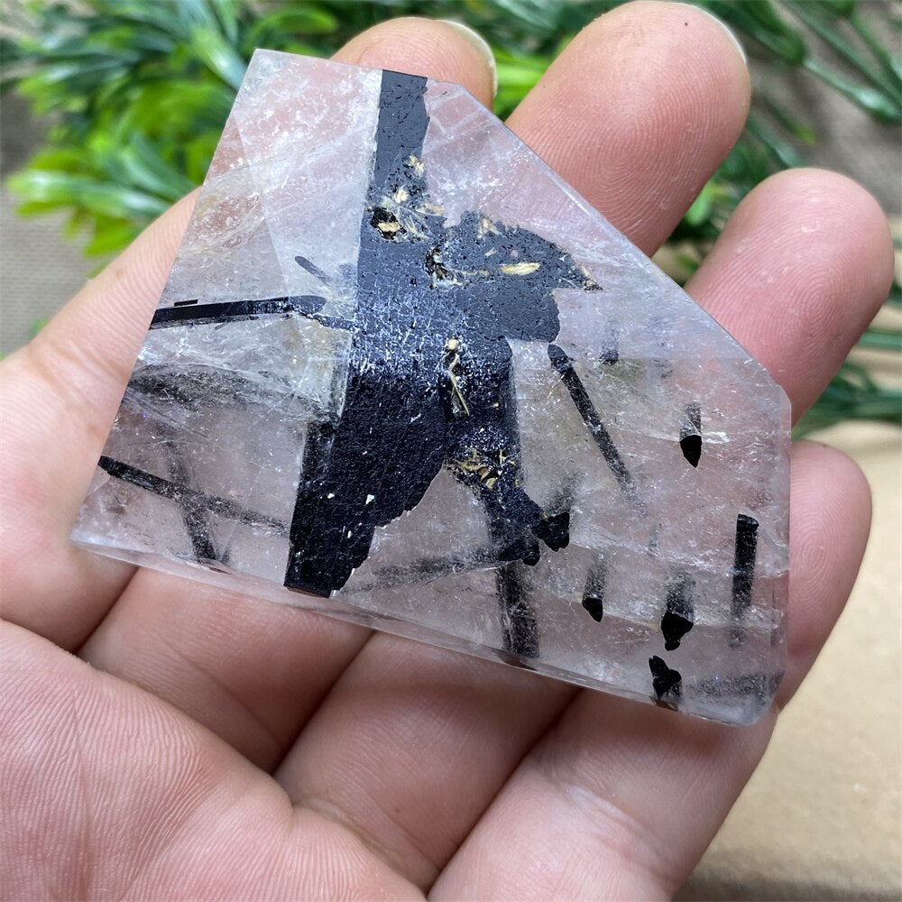 Black Tourmaline Natural Stone Crystal Healing Polyhedron Hair Quartz Palm Playing  Wicca Reiki Ornaments Home Decoration Room
