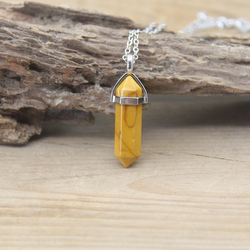 Natural Stone Hexagonal Point Pendants Necklaces Healing Crystal Quartz Fluorite Lapis Bullet Pendulum Chakra Jewelry QC3106