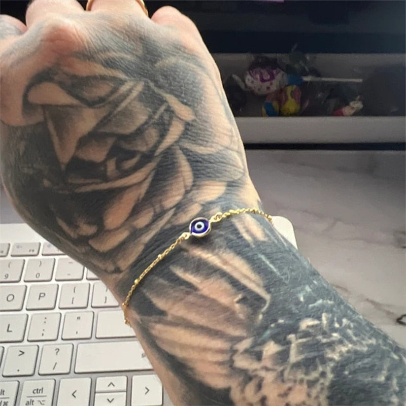 Simple Design Turkish Evil Eye Charm Bracelet for Women Boho Lucky Gold Color Copper Chain Adjustable Bracelet Summer Jewelry