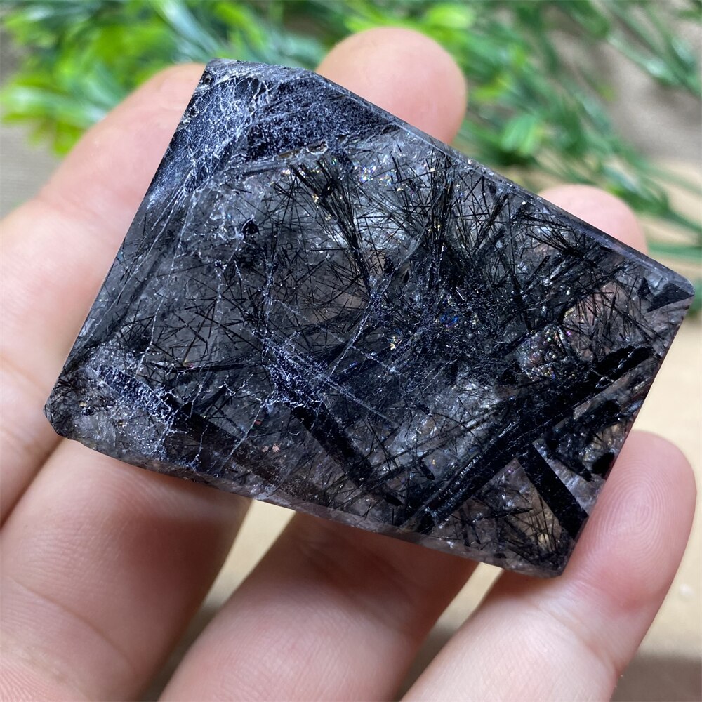 Black Tourmaline Natural Stone Crystal Healing Polyhedron Hair Quartz Palm Playing  Wicca Reiki Ornaments Home Decoration Room