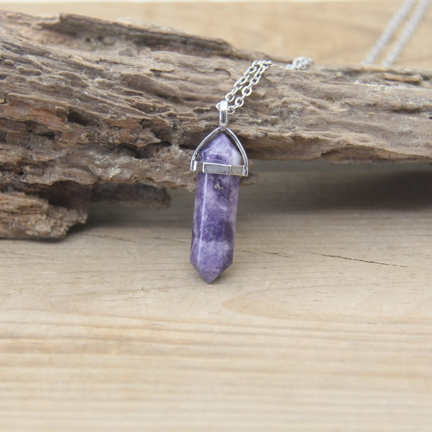 Natural Stone Hexagonal Point Pendants Necklaces Healing Crystal Quartz Fluorite Lapis Bullet Pendulum Chakra Jewelry QC3106