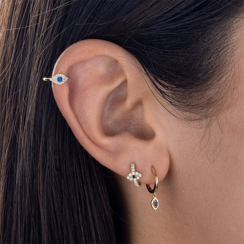 1PC Fashion 18K Plated Gold Zircon Blue Eye Earrings Long Tassel Crystal Dangle Earrings Cartilage Stud Earring Piercing Jewelry