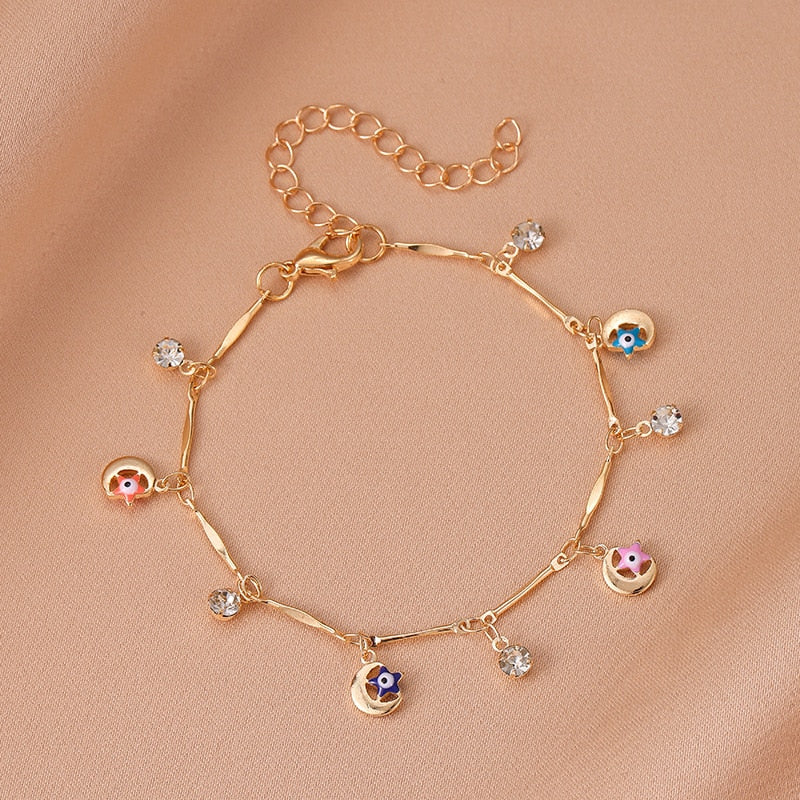 Simple Design Turkish Evil Eye Charm Bracelet for Women Boho Lucky Gold Color Copper Chain Adjustable Bracelet Summer Jewelry