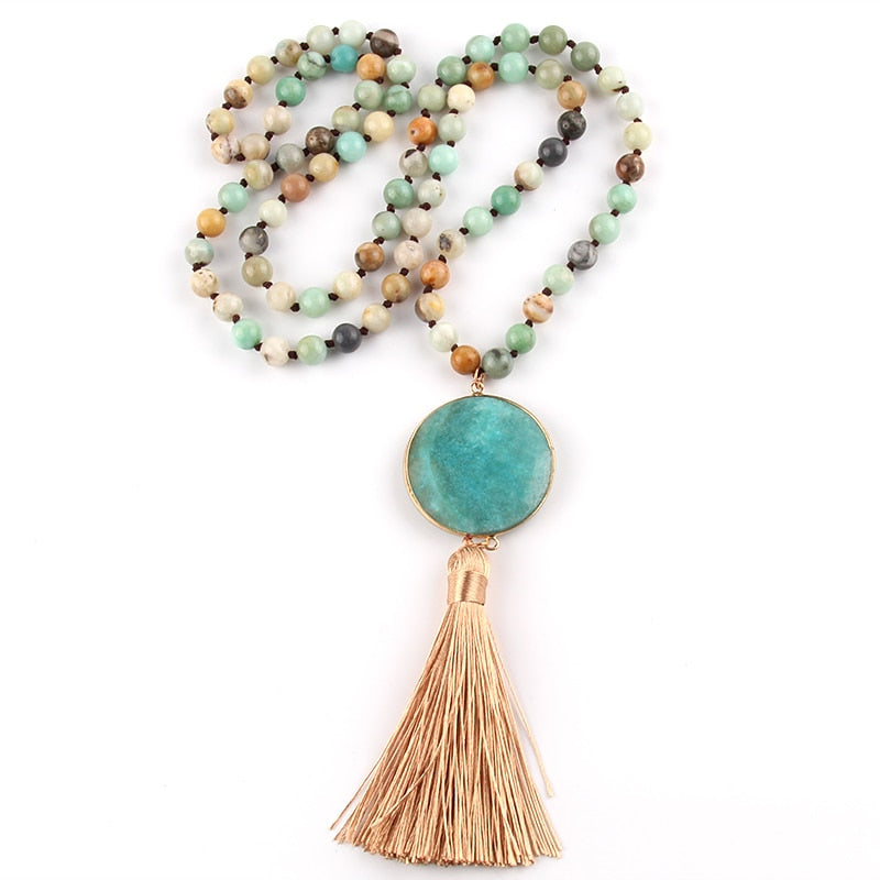 Fashion Bohemian Jewelry Semi Precious Stones Long Knotted Matching Stone Links Tassel Necklaces For Women Ethnic Necklace