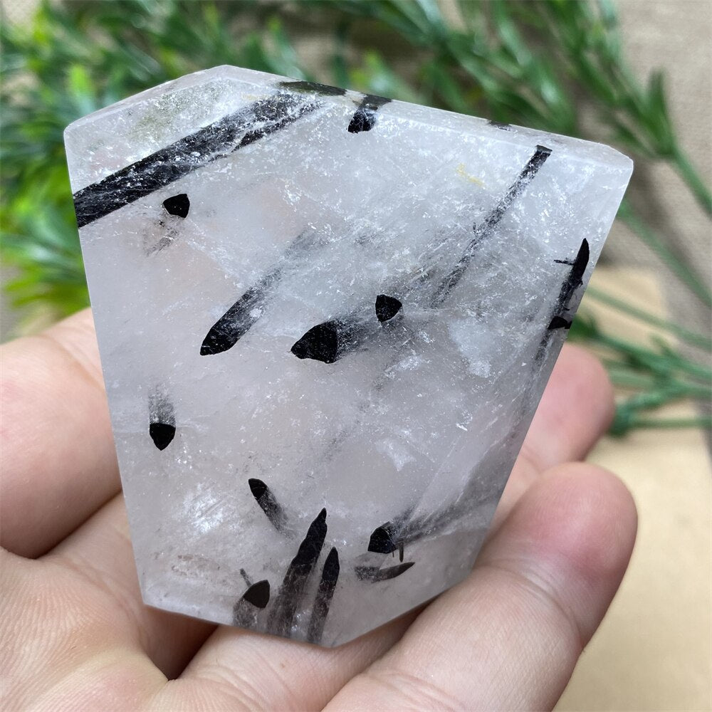 Black Tourmaline Natural Stone Crystal Healing Polyhedron Hair Quartz Palm Playing  Wicca Reiki Ornaments Home Decoration Room