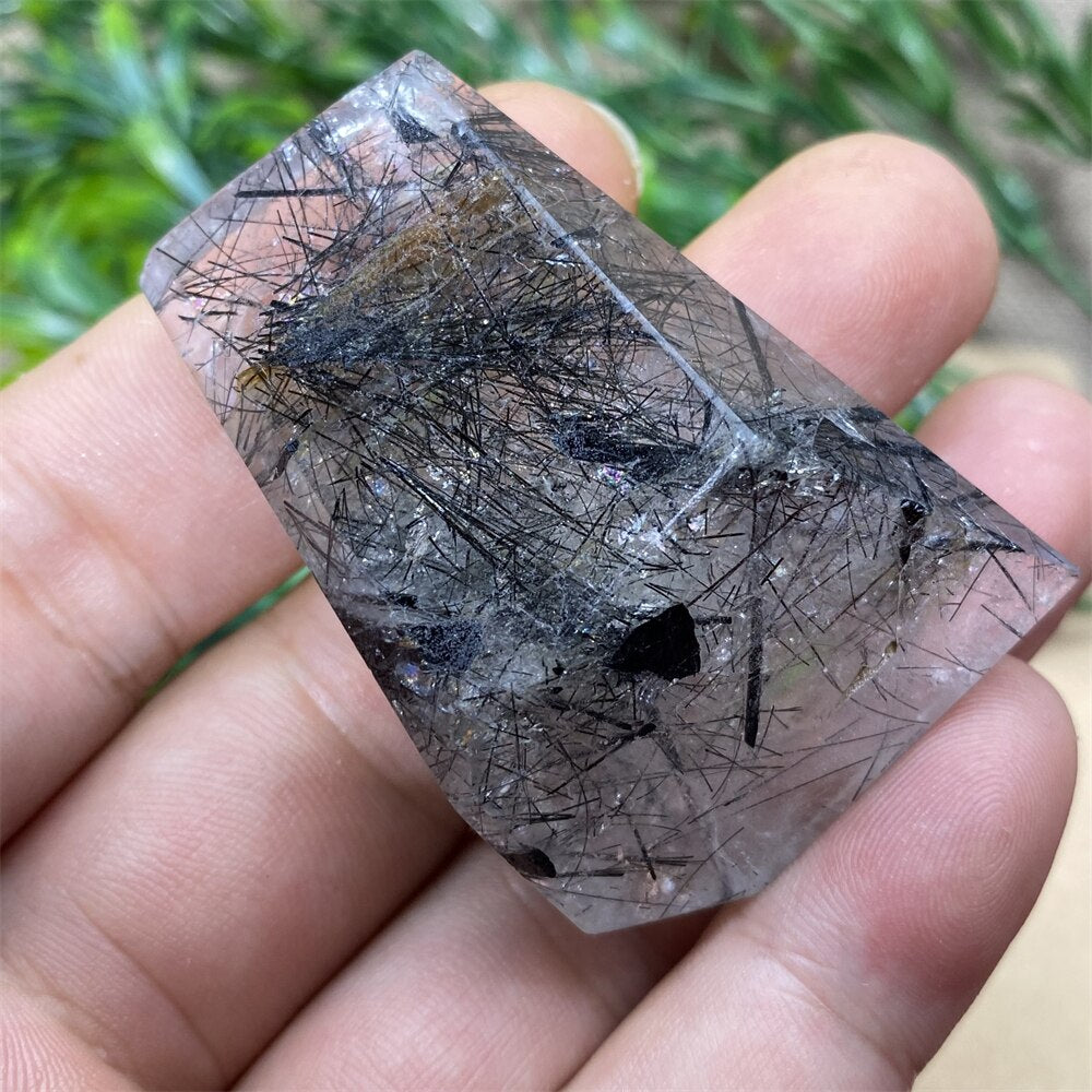 Black Tourmaline Natural Stone Crystal Healing Polyhedron Hair Quartz Palm Playing  Wicca Reiki Ornaments Home Decoration Room