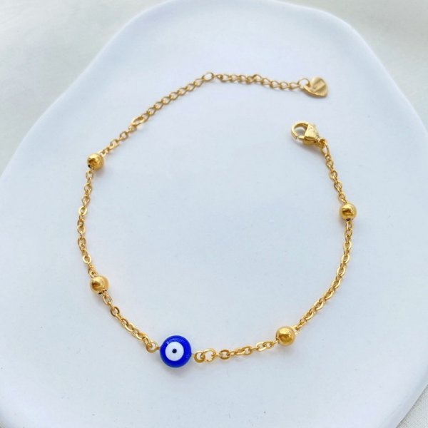 Simple Design Turkish Evil Eye Charm Bracelet for Women Boho Lucky Gold Color Copper Chain Adjustable Bracelet Summer Jewelry