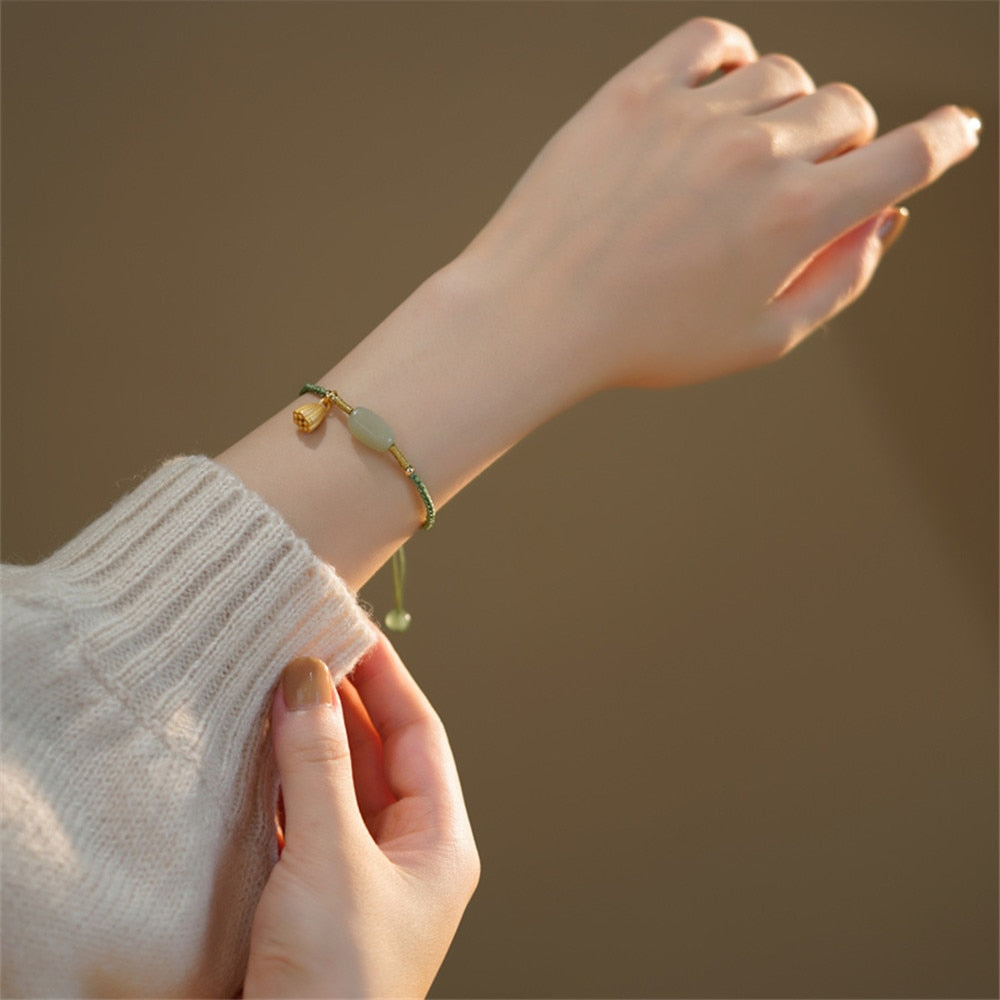 Natural Stone Hetian Jade Safe Buckle Hand Rope Vintage Bracelet Gift New National Tide High Grade Romantic Female Charm Jewelry