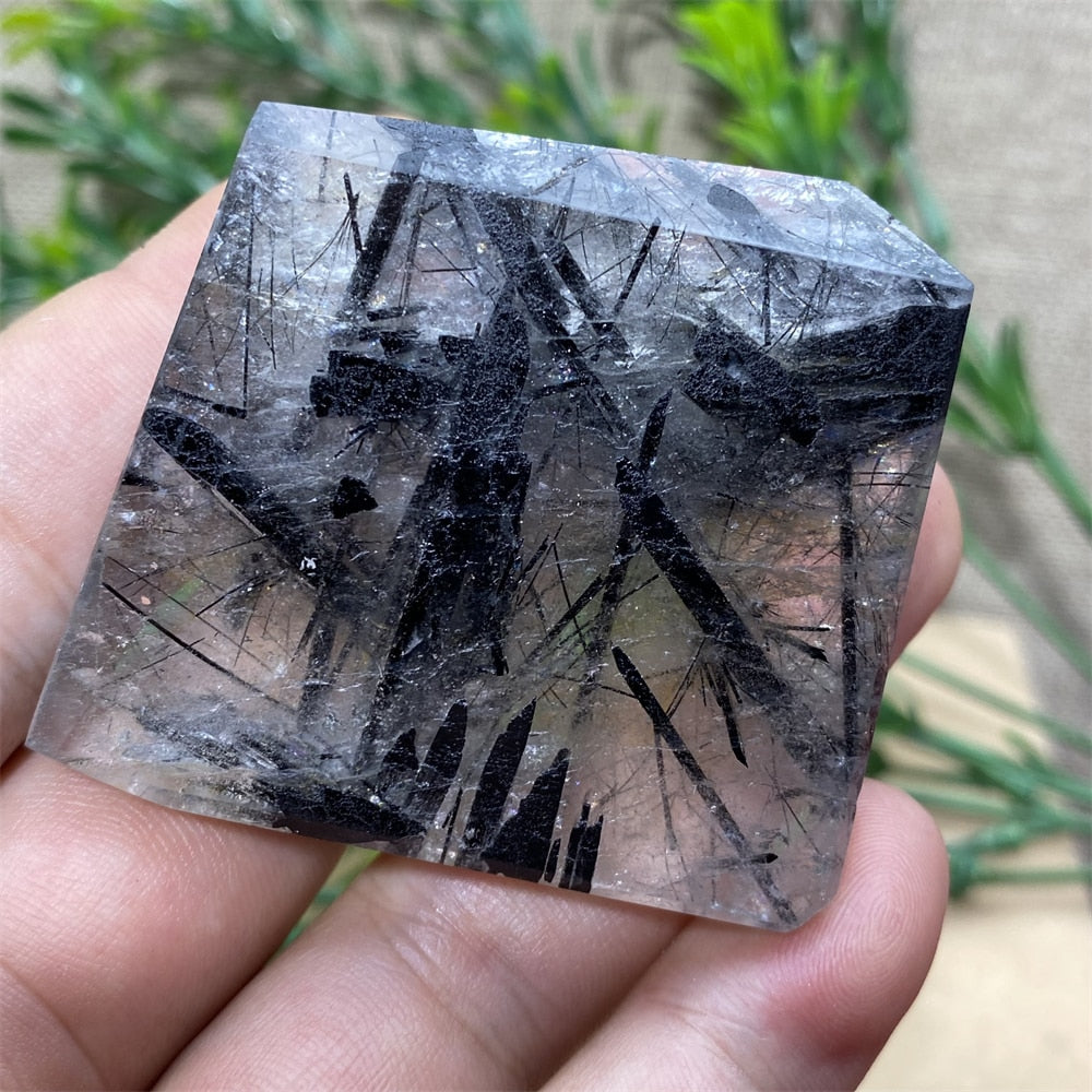 Black Tourmaline Natural Stone Crystal Healing Polyhedron Hair Quartz Palm Playing  Wicca Reiki Ornaments Home Decoration Room