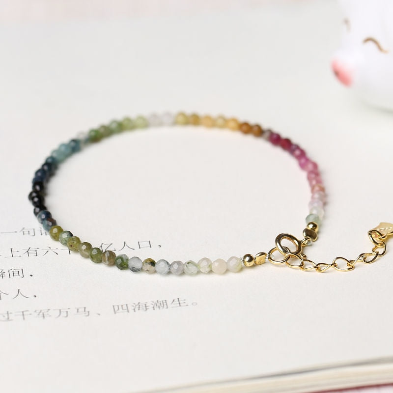 Dainty Tiny Faceted Multicolor Tourmaline Crystal Beads Bracelet for Women Delicate Small Natural Stone Stacking Bracelet