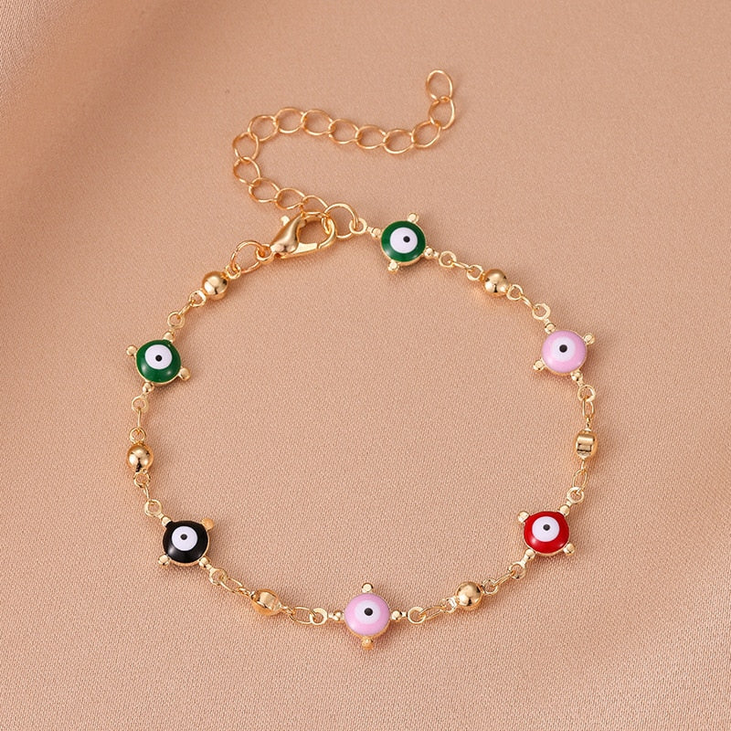 Simple Design Turkish Evil Eye Charm Bracelet for Women Boho Lucky Gold Color Copper Chain Adjustable Bracelet Summer Jewelry