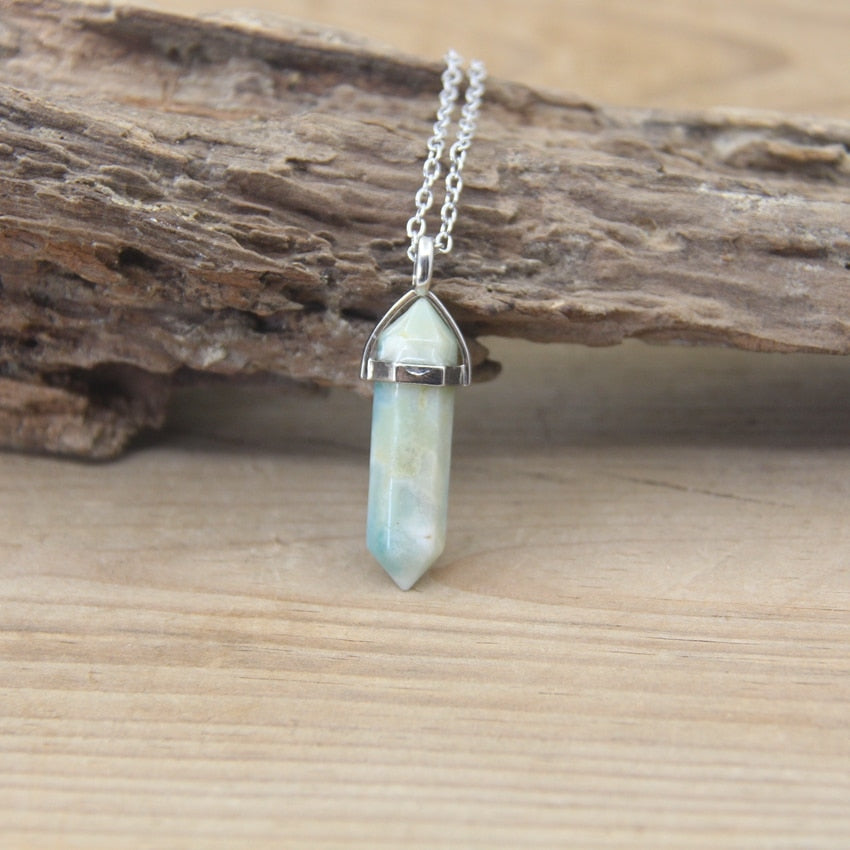 Natural Stone Hexagonal Point Pendants Necklaces Healing Crystal Quartz Fluorite Lapis Bullet Pendulum Chakra Jewelry QC3106