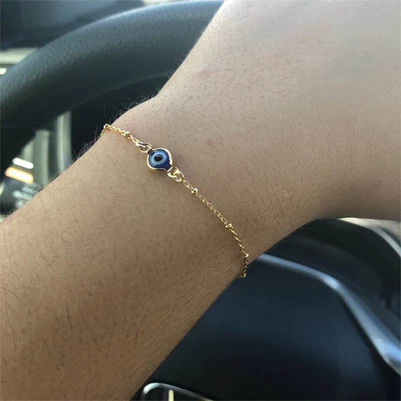 Simple Design Turkish Evil Eye Charm Bracelet for Women Boho Lucky Gold Color Copper Chain Adjustable Bracelet Summer Jewelry
