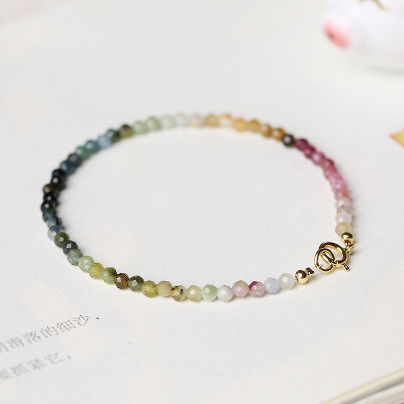 Dainty Tiny Faceted Multicolor Tourmaline Crystal Beads Bracelet for Women Delicate Small Natural Stone Stacking Bracelet