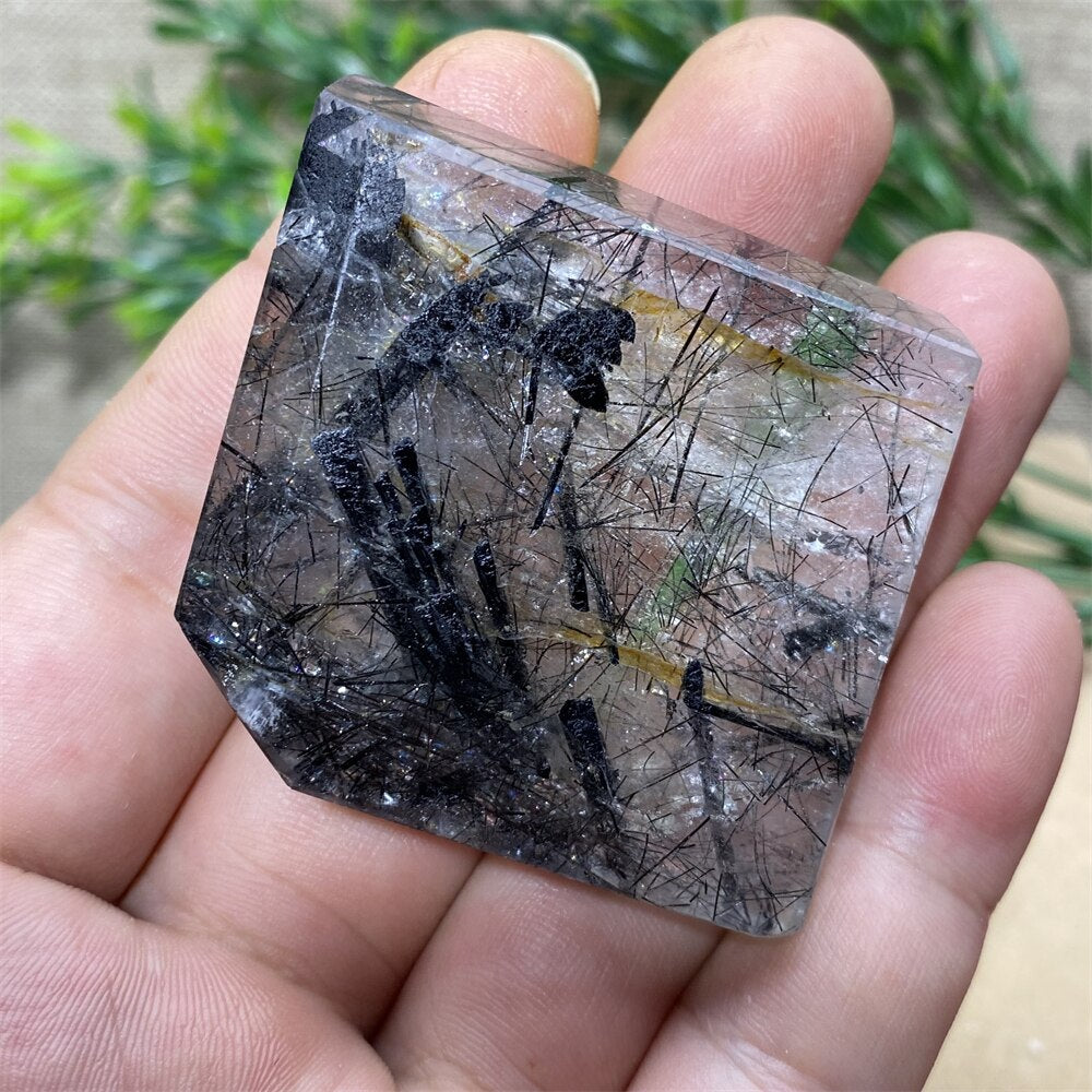 Black Tourmaline Natural Stone Crystal Healing Polyhedron Hair Quartz Palm Playing  Wicca Reiki Ornaments Home Decoration Room