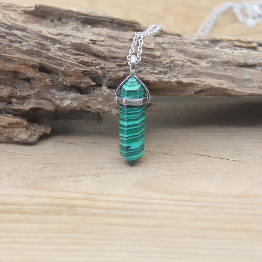Natural Stone Hexagonal Point Pendants Necklaces Healing Crystal Quartz Fluorite Lapis Bullet Pendulum Chakra Jewelry QC3106