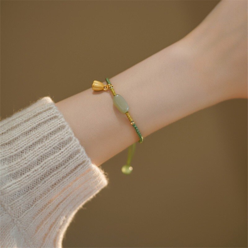 Natural Stone Hetian Jade Safe Buckle Hand Rope Vintage Bracelet Gift New National Tide High Grade Romantic Female Charm Jewelry