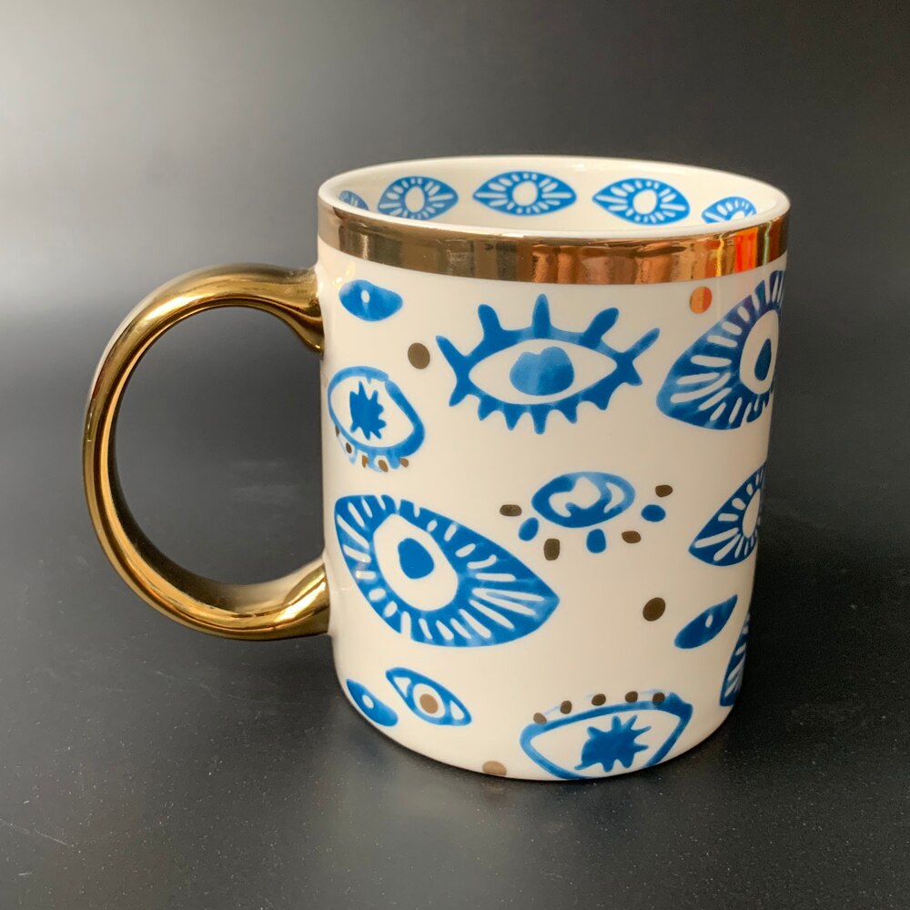 Creative Hands Eyes Plate with Gold Rim Ceramic Dinnerware Dessert Cake Dishes Coffee Cups Indian Style Totem Serving Tray