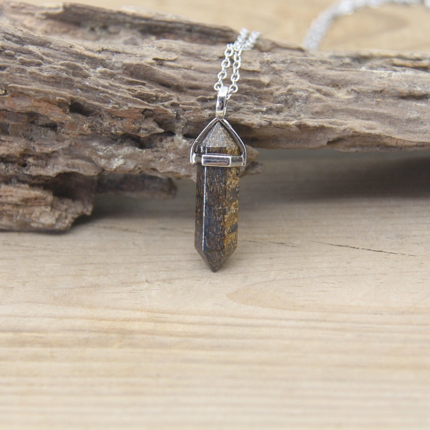 Natural Stone Hexagonal Point Pendants Necklaces Healing Crystal Quartz Fluorite Lapis Bullet Pendulum Chakra Jewelry QC3106