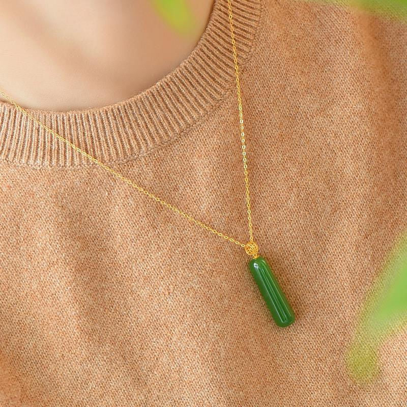 18K Gold Small Green Bar Hetian Jade Pendant Tranquility and Peace Plate Women's Necklace Light Luxury Minority 2022 New Women's