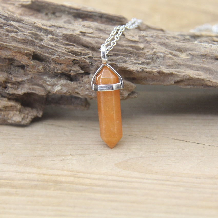 Natural Stone Hexagonal Point Pendants Necklaces Healing Crystal Quartz Fluorite Lapis Bullet Pendulum Chakra Jewelry QC3106