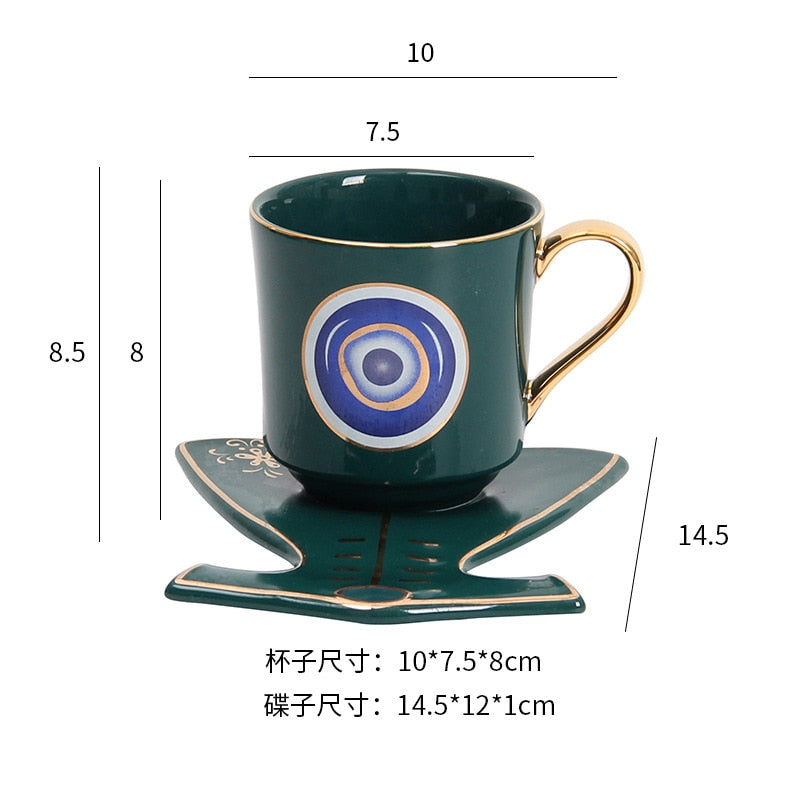 Turkish Blue Eyes Luxury Coffee Cup Saucer Set with Hand and Clothe Shape Dish Ottoman Cup Boonido Coffee Cappuccino Cup 200ml