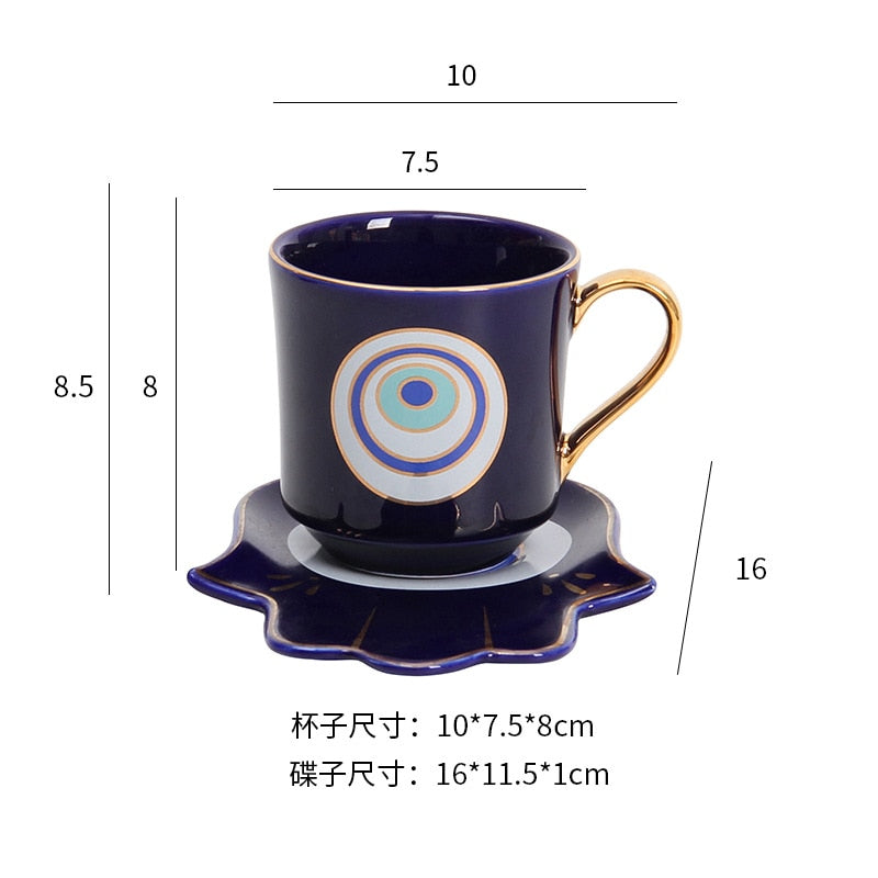 Turkish Blue Eyes Luxury Coffee Cup Saucer Set with Hand and Clothe Shape Dish Ottoman Cup Boonido Coffee Cappuccino Cup 200ml
