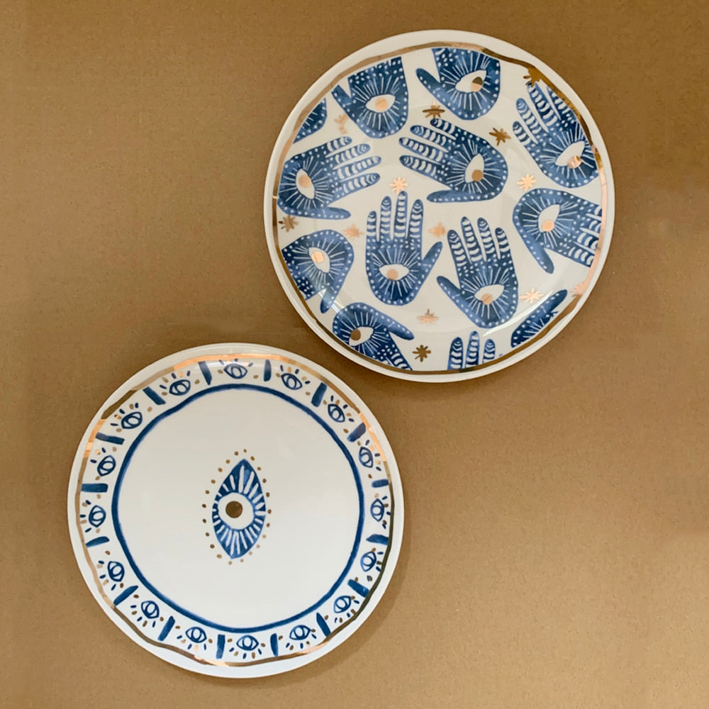 Creative Hands Eyes Plate with Gold Rim Ceramic Dinnerware Dessert Cake Dishes Coffee Cups Indian Style Totem Serving Tray