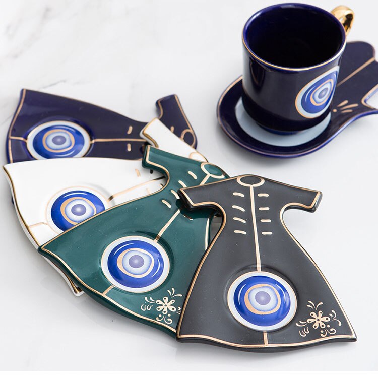 Turkish Blue Eyes Luxury Coffee Cup Saucer Set with Hand and Clothe Shape Dish Ottoman Cup Boonido Coffee Cappuccino Cup 200ml