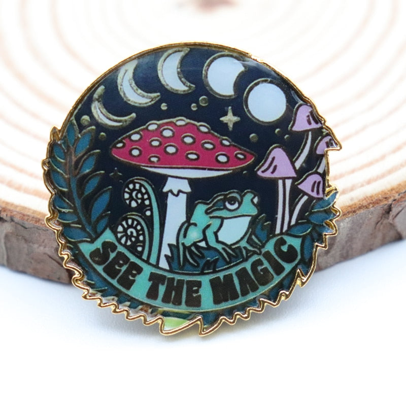 Cartoon Frog Moon Phase Mushroom Plant SEE THE MAGIC Enamel Badge Brooch Backpack Collar Lapel Pins Jewelry Brooch Party Gift