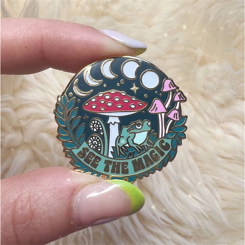 Cartoon Frog Moon Phase Mushroom Plant SEE THE MAGIC Enamel Badge Brooch Backpack Collar Lapel Pins Jewelry Brooch Party Gift