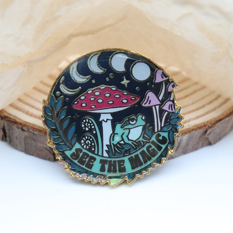 Cartoon Frog Moon Phase Mushroom Plant SEE THE MAGIC Enamel Badge Brooch Backpack Collar Lapel Pins Jewelry Brooch Party Gift