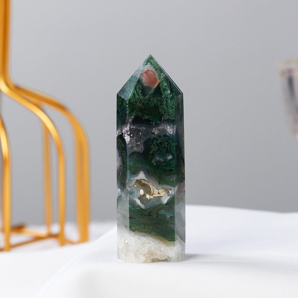 1P CNatural Crystal Healing stone Green water plant agate Crystal Point Moss Agate Crystal hexagonal column ornaments