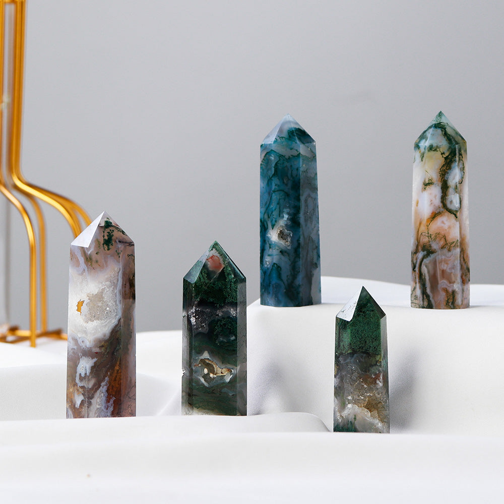 1P CNatural Crystal Healing stone Green water plant agate Crystal Point Moss Agate Crystal hexagonal column ornaments