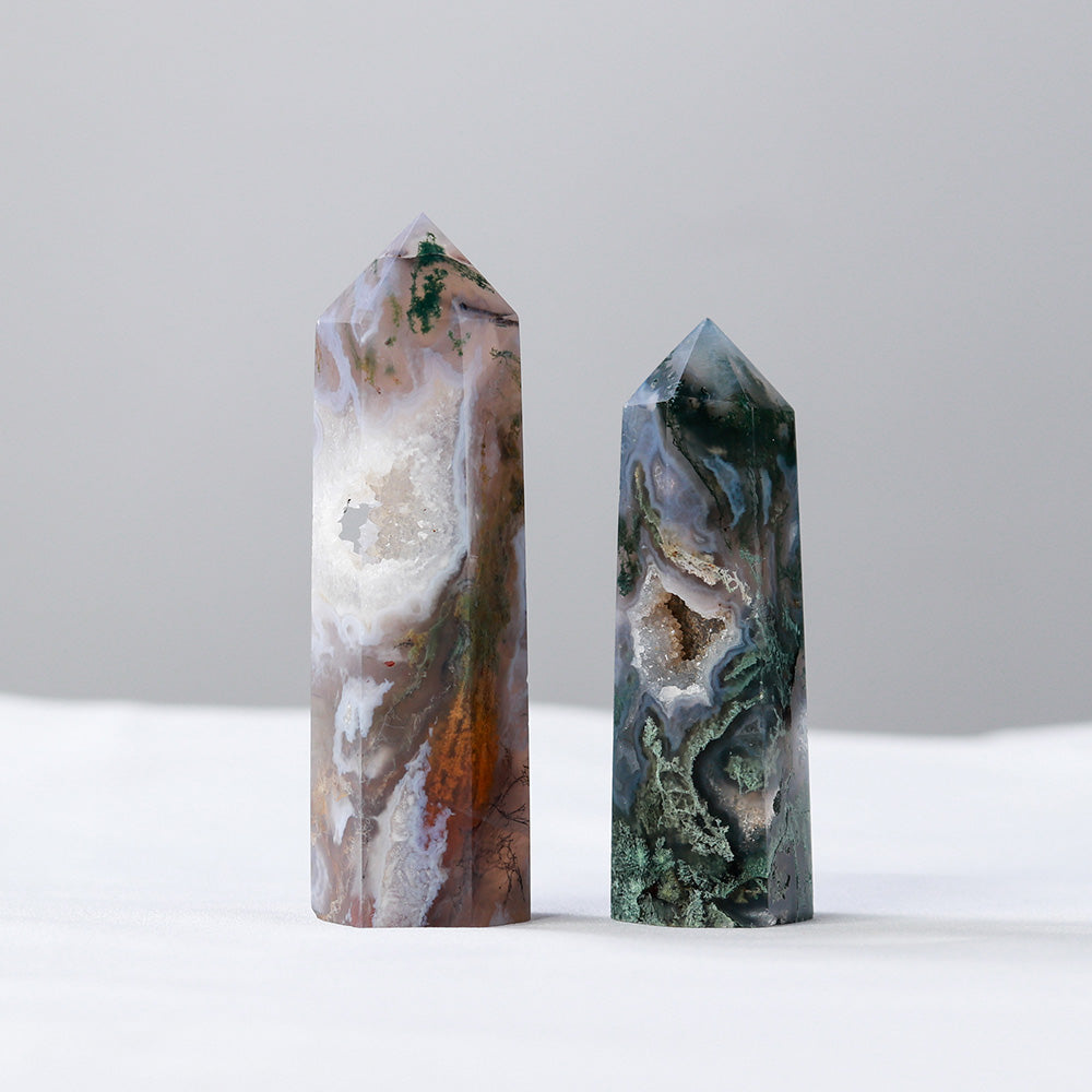1P CNatural Crystal Healing stone Green water plant agate Crystal Point Moss Agate Crystal hexagonal column ornaments