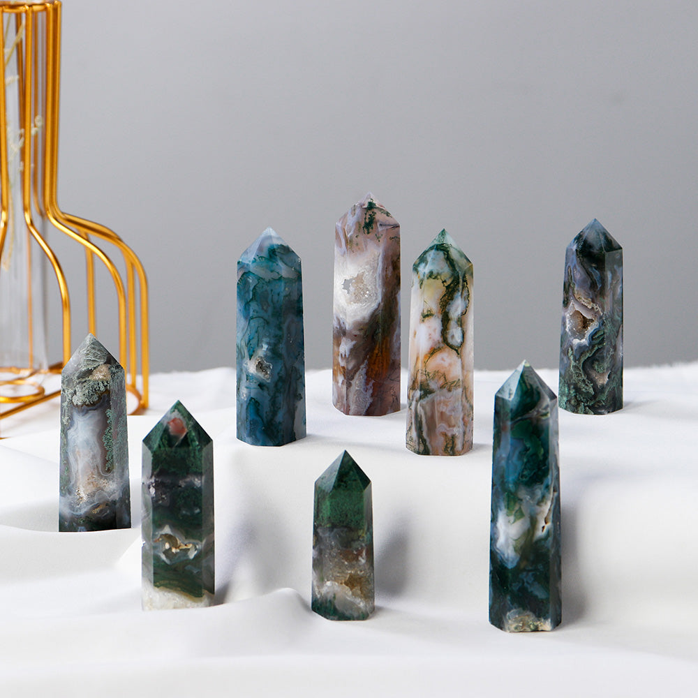 1P CNatural Crystal Healing stone Green water plant agate Crystal Point Moss Agate Crystal hexagonal column ornaments