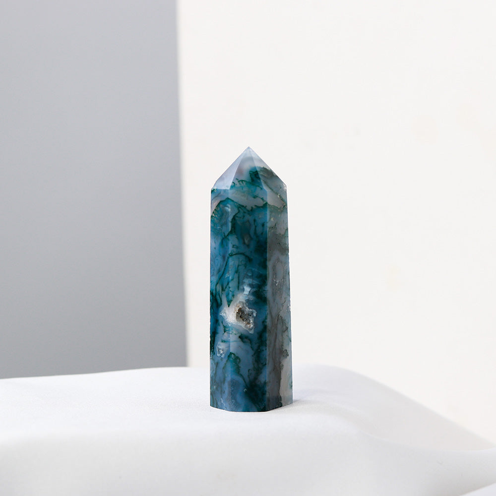 1P CNatural Crystal Healing stone Green water plant agate Crystal Point Moss Agate Crystal hexagonal column ornaments