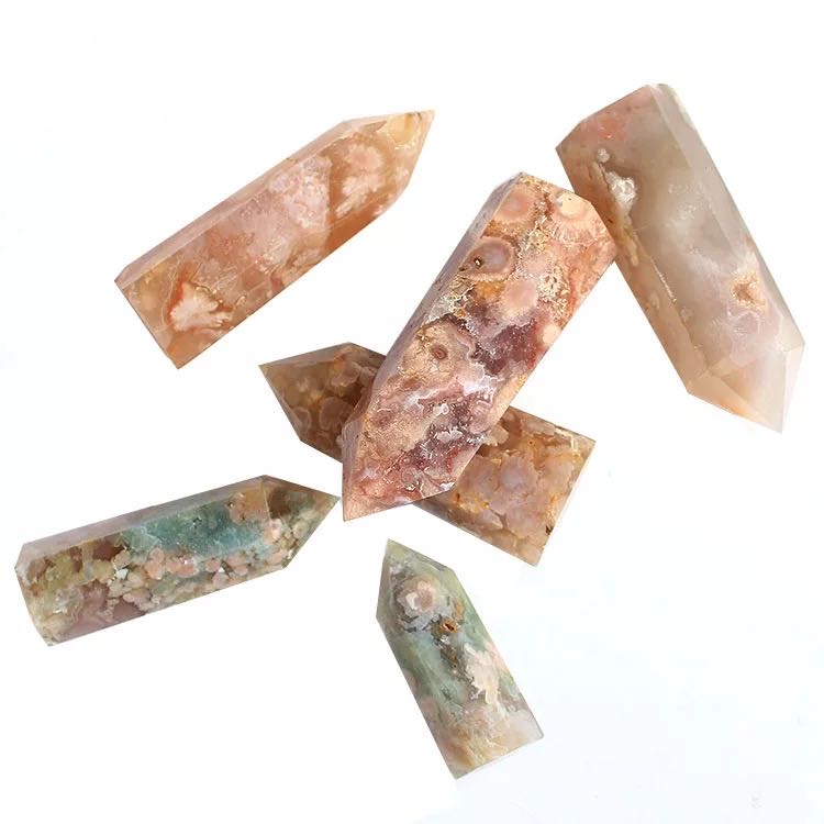 MOKAGY 75mm-85mm Hand Carved Natural Cherry Blossom Flower Agate Crystal Point Wand 4pc