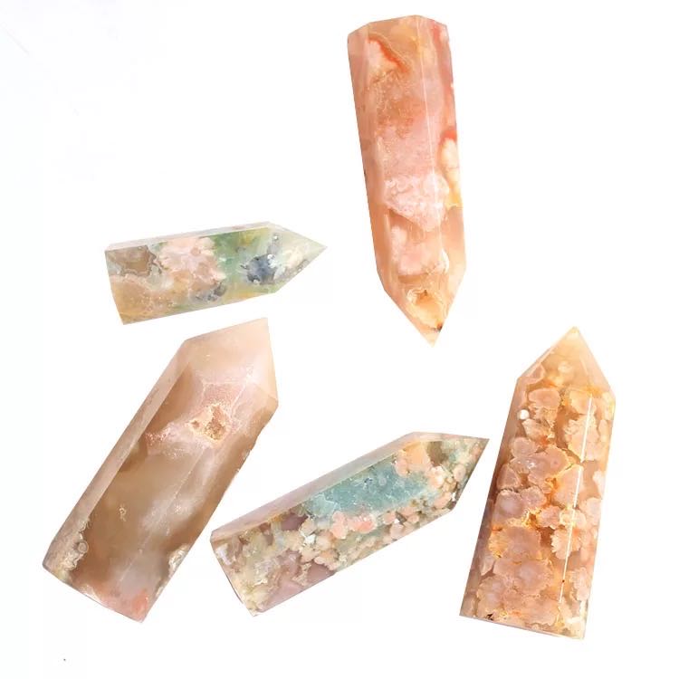MOKAGY 75mm-85mm Hand Carved Natural Cherry Blossom Flower Agate Crystal Point Wand 4pc