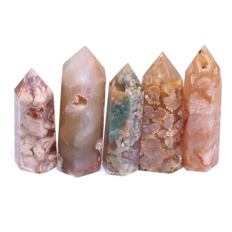 MOKAGY 75mm-85mm Hand Carved Natural Cherry Blossom Flower Agate Crystal Point Wand 4pc