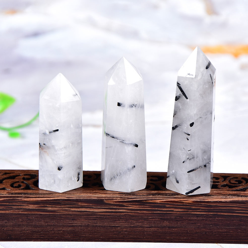 Natural Crystal Black Tourmaline Quartz Point Healing Stone Hexagonal Prisms 50-80mm Obelisk Wand Treatment Stone DIY Gift 1PC