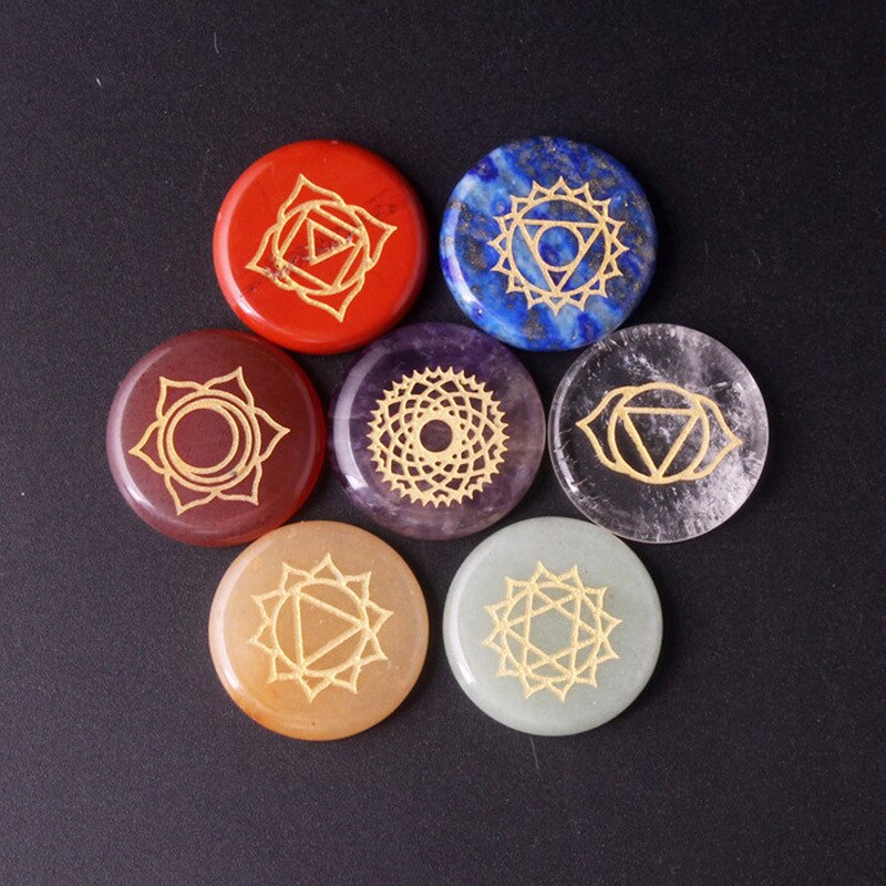7 Chakra Symbol Crystal Stones Set Natural Reiki Healing Crystal Bulk Palm Polished Pocket Gemstones for Meditation Balancing