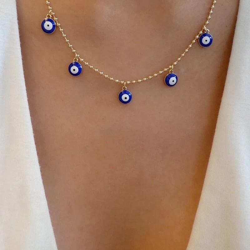 2023 Turkey Fashion Blue Evil Eye Necklace Gold Color Charm Rhinestone Eye Choker Necklace for Women Boho Jewlery Wholesale