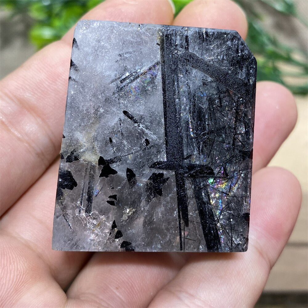 Black Tourmaline Natural Stone Crystal Healing Polyhedron Hair Quartz Palm Playing  Wicca Reiki Ornaments Home Decoration Room
