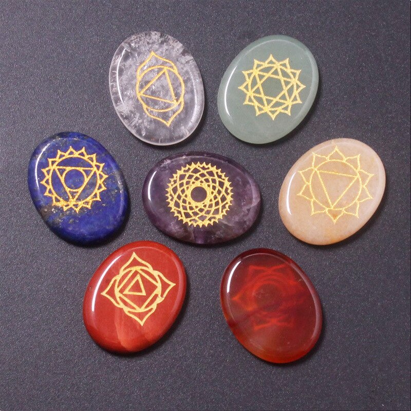 7 Chakra Symbol Crystal Stones Set Natural Reiki Healing Crystal Bulk Palm Polished Pocket Gemstones for Meditation Balancing