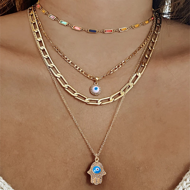 2023 Turkey Fashion Blue Evil Eye Necklace Gold Color Charm Rhinestone Eye Choker Necklace for Women Boho Jewlery Wholesale