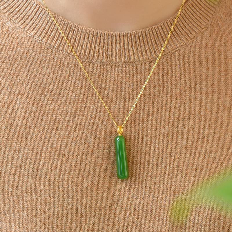 18K Gold Small Green Bar Hetian Jade Pendant Tranquility and Peace Plate Women&#39;s Necklace Light Luxury Minority 2022 New Women&#39;s